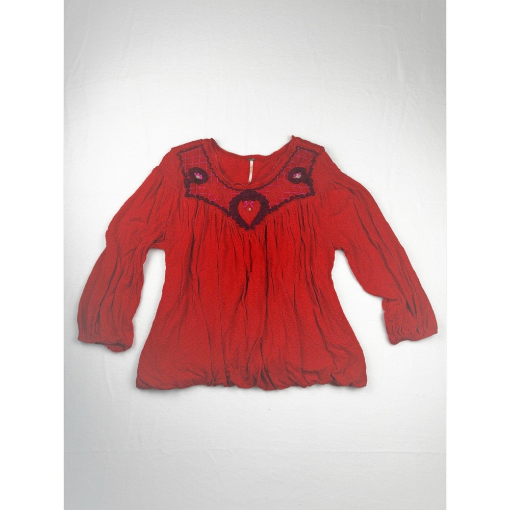Free People Red Embroidered Heart Peasant Blouse Boho Smocked Top Womens Size M